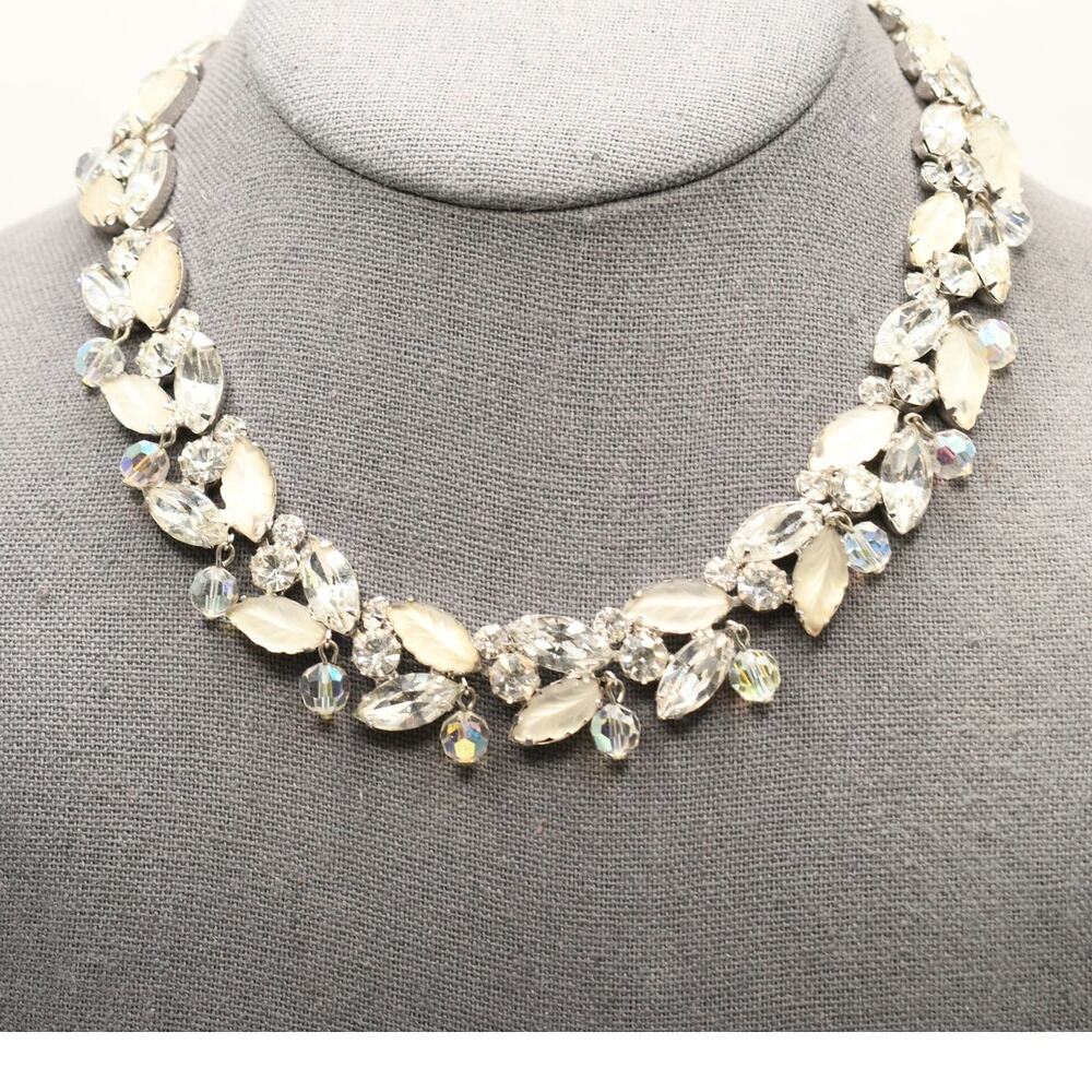 Vintage Kramer Rhinestone AB Crystal Dangle Leaf Necklace Wedding Jewelry